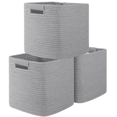 OIAHOMY grey cotton rope storage cube close-up showing reinforced handles for easy carrying.