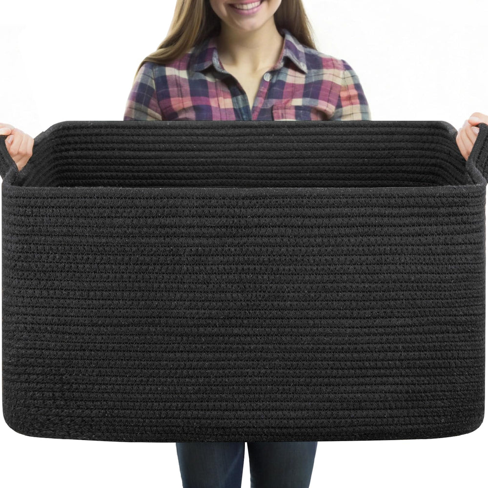 Oiasket 70L large blanket basket in black shows a woven design for easy blanket storage