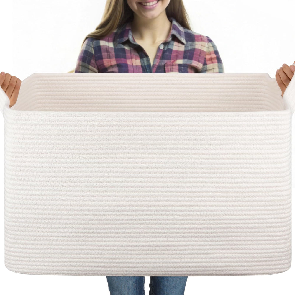 OIASKET 95L blanket basket stores blankets for organized living room storage.