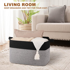 OIASKET Blanket Basket in living room showcases versatile storage for cushions, towels, and more.