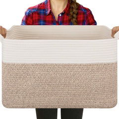 OIASKET blanket basket in living room with soft cotton rope texture for tidy storage.