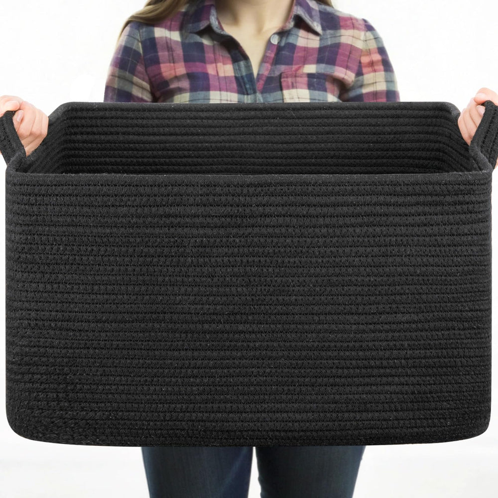 OIASKET Large Blanket Basket front view with sturdy handles for easy living-room organization.