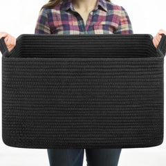 OIASKET Large Blanket Basket front view with sturdy handles for easy living-room organization.
