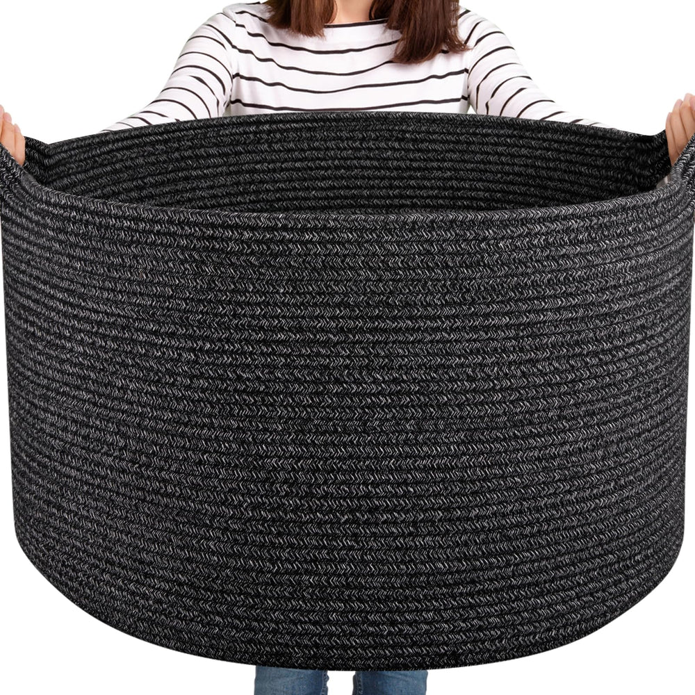 OIASKET large woven basket for blanket storage in black with easy organization.