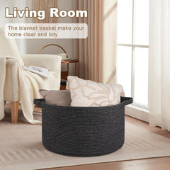 OIASKET blanket storage basket in black with sturdy handles for laundry and decluttering.