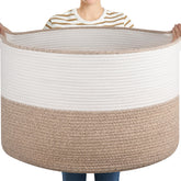 OIASKET XXL brown white basket front view showing spacious blanket storage and tidy room decor.