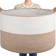 OIASKET XXL brown white basket front view showing spacious blanket storage and tidy room decor.
