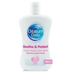 Oilatum Daily Junior Head To Toe Wash bottle demonstrates gentle cleansing for dry skin.