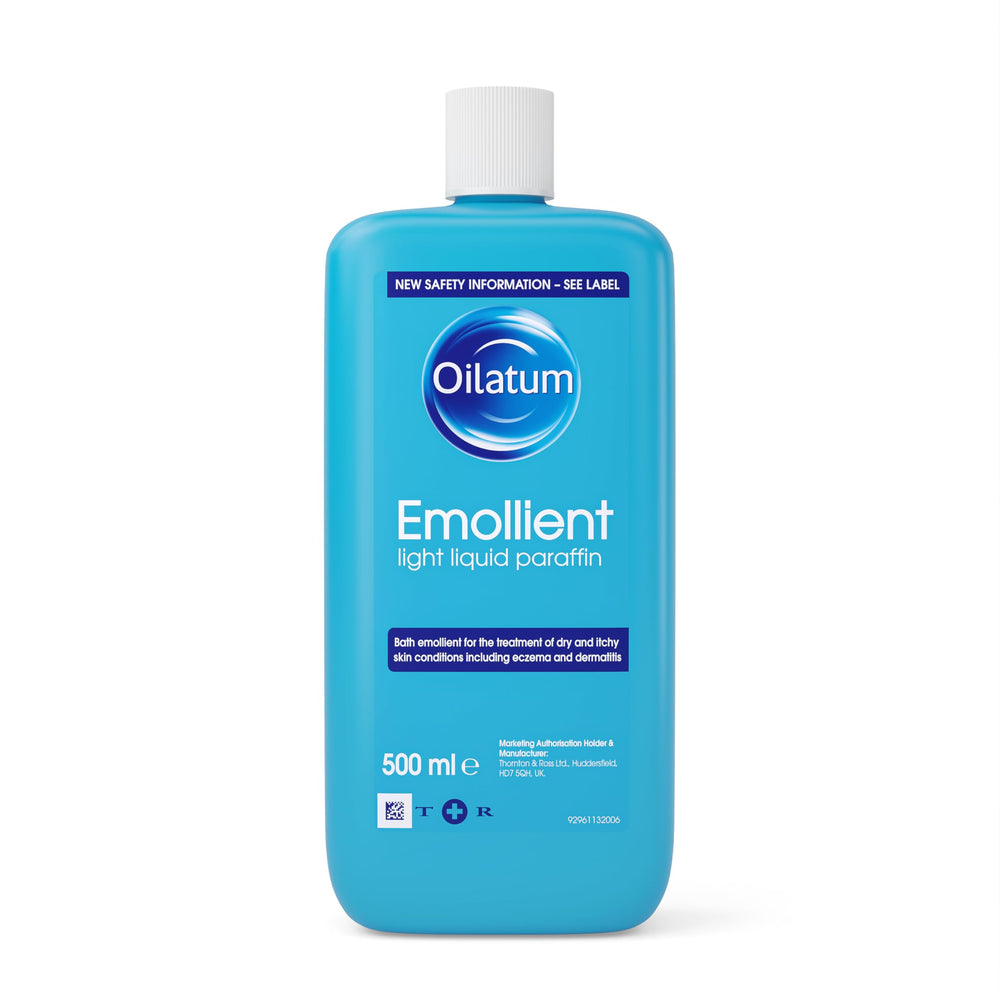 Oilatum Emollient 500ml bottle front shows soothing daily moisturiser for dry skin.