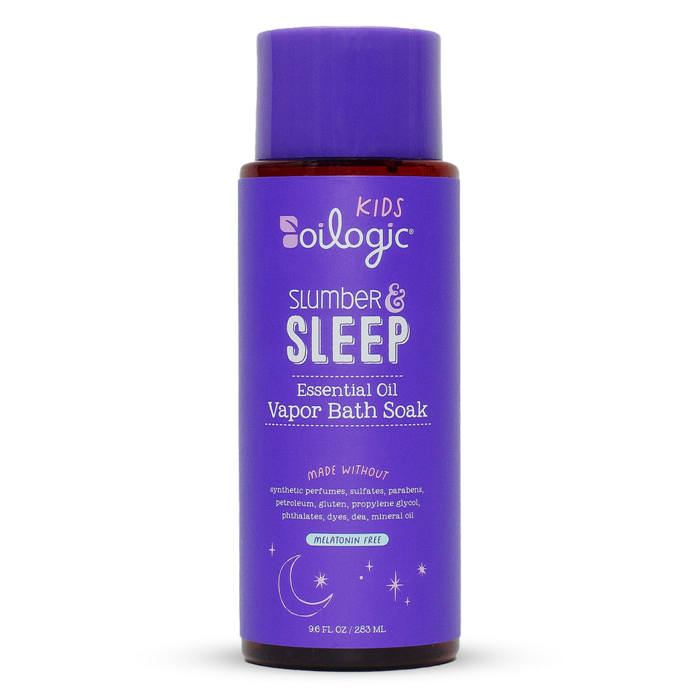 Oilogic Slumber & Sleep Vapor Bath Soak bottle pour demonstrates calming lavender for soothing bath time