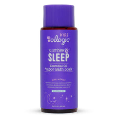 Oilogic Slumber & Sleep Vapor Bath Soak bottle pour demonstrates calming lavender for soothing bath time