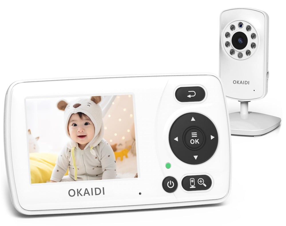 OKAIDI video baby monitor front view for secure, no-wifi monitoring during naps.