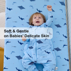 BubblePanda shark-design crib sheet placed on mattress shows neutral nursery style and fit.