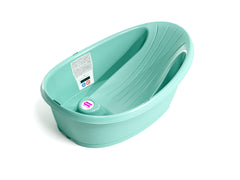 OKBABY Onda bath tub turquoise side view highlights ergonomic design for secure newborn baths