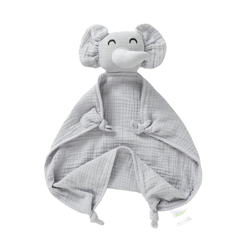 okdiy organic elephant lovey with soft muslin provides gentle nap-time comfort.