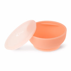 Olababy suction bowl with lid shown for mess-free self-feeding at home.