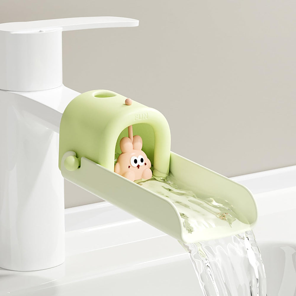 OLEWELL faucet extender green front view enables easy, spill-free handwashing for toddlers