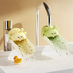 OLEWELL faucet extender yellow-green happy rabbit front view shows temperature alert for safer handwashing