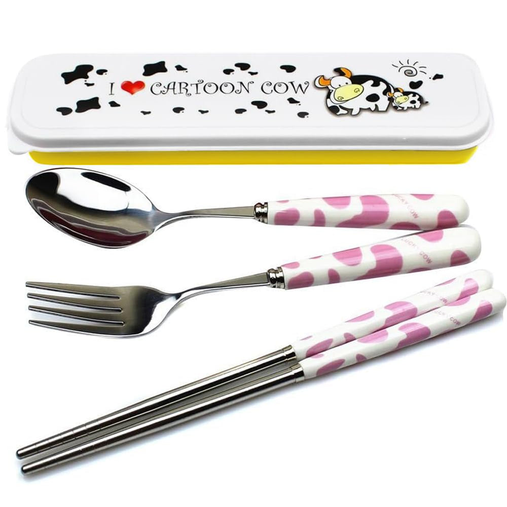 OLizee cow-pattern flatware spoon with ceramic handle, ideal for travel and everyday meals.