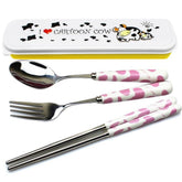 OLizee cow-pattern flatware spoon with ceramic handle, ideal for travel and everyday meals.