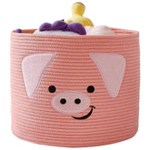 OMERAI pink pig design cotton rope basket for toy storage and nursery decor.