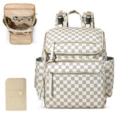 Omanmoli Checkered Diaper Bag Backpack front view in beige honey showing organized appeal