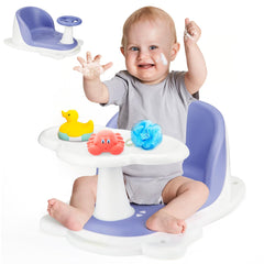 OMYbaby bath seat with tray blue front view for secure, enjoyable bath time.
