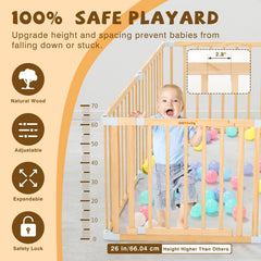 OMYbaby wooden playpen 8-panel layout shows expandable design for growing toddlers.
