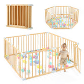 OMYbaby wooden playpen with door creates a secure indoor play area.