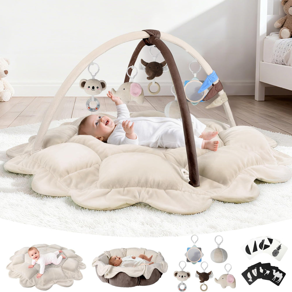 Omzer 5-in-1 baby gym mat showing soft fabric for comfy tummy time sessions.