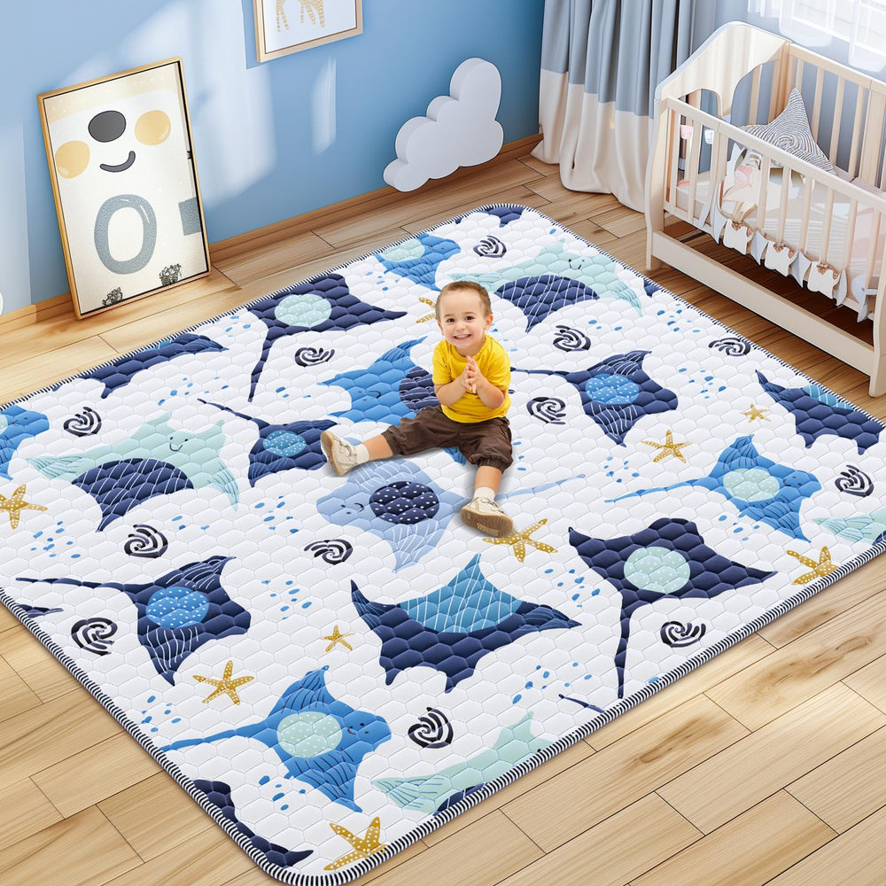 Omzer baby play mat 71x79 inches showcasing soft foam padding for comfortable crawling sessions.