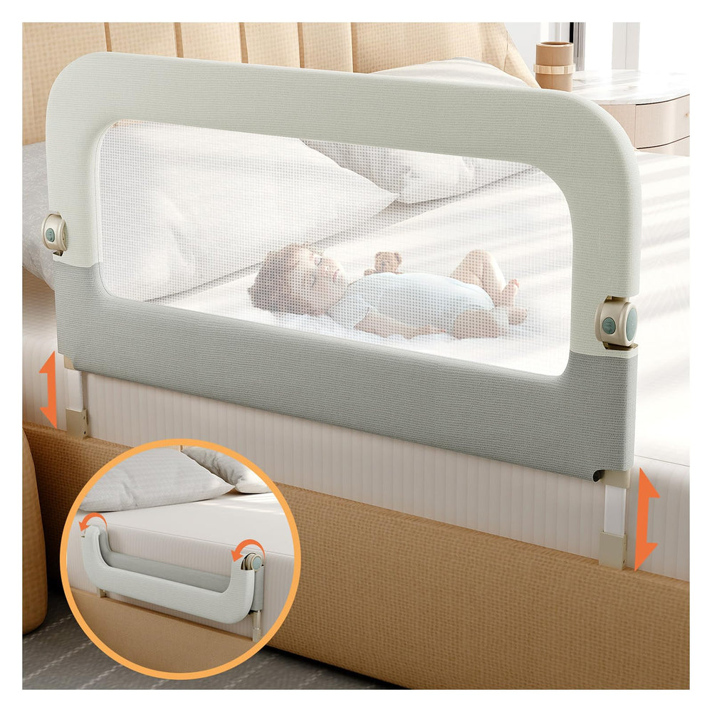omzer bed guard rail folded for compact daytime storage and space saving.