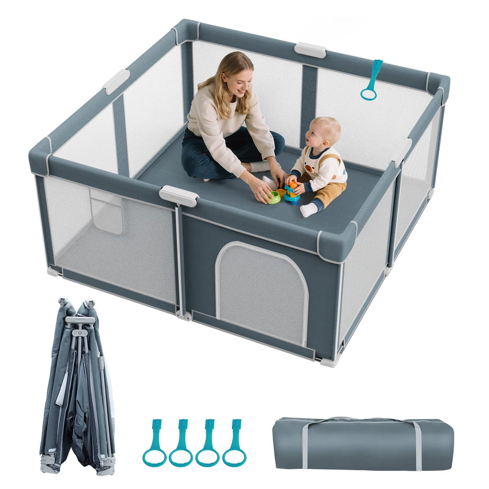 Omzer foldable playpen in setup mode offers quick assembly for busy parents.