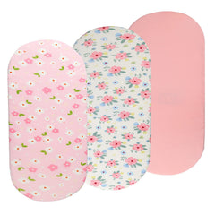 Onacosht bassinet sheets in pink floral pattern with snug elastic edge for secure fit and peaceful naps.