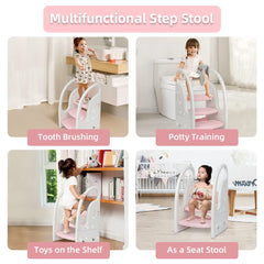 Onasti 3-step standing tower in use during everyday tasks and potty training.