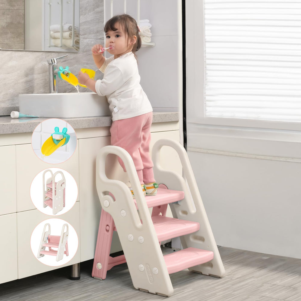 Onasti foldable toddler stool top panel shows adjustable height for growing kids to reach sinks safely