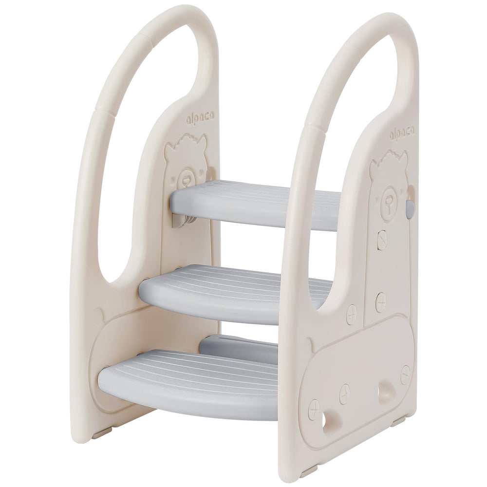 Onasti toddler 3-step stool grey-white side view demonstrates stable support for kids