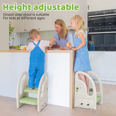 Onasti toddler step stool adjustable 2-step top panel, fostering growing kids' independence.
