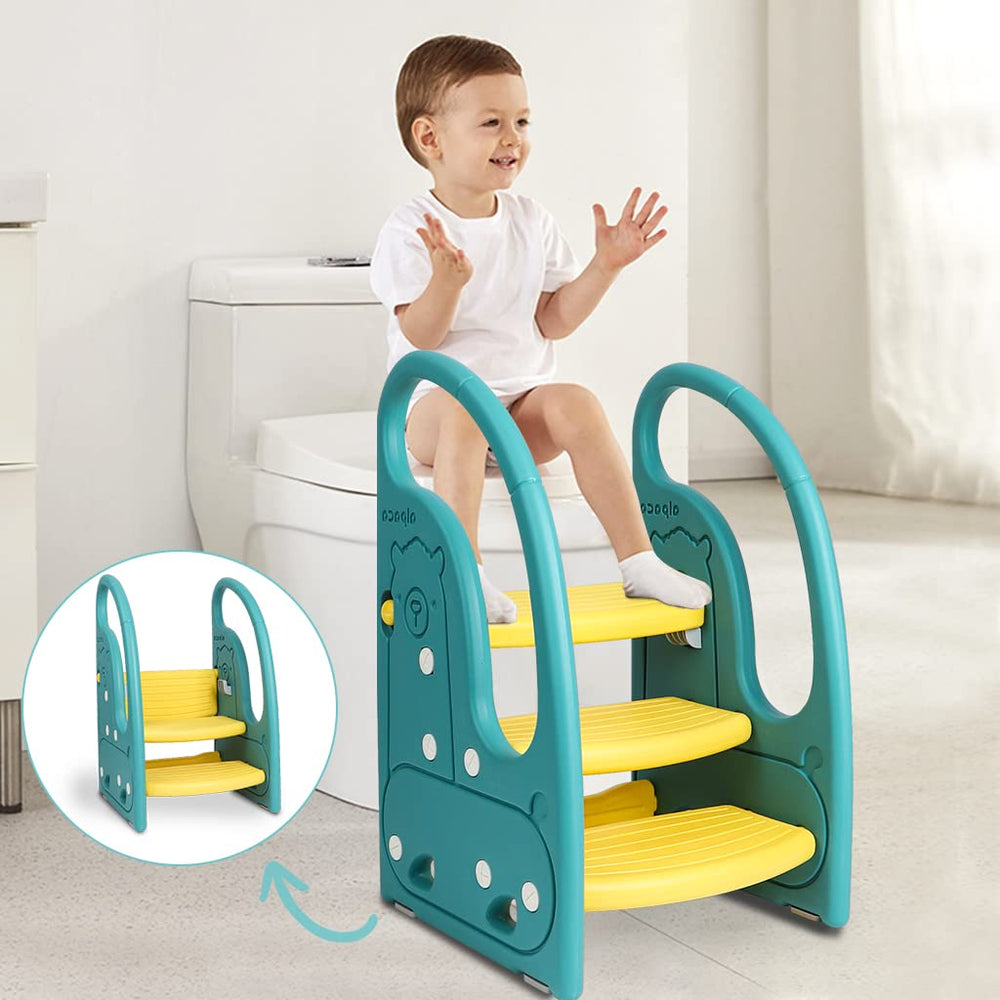 Onasti toddler step stool green side view showing stable base for safe climbing