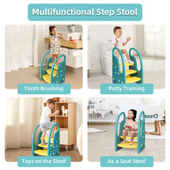Onasti toddler step stool green top panel conversion illustrates 3-in-1 to 2-in-1 versatility
