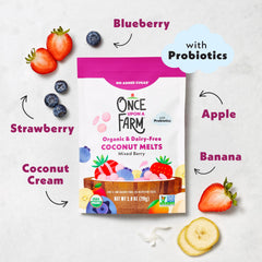 Once Upon a Farm probiotics melts illustration emphasizes gut-friendly snack for growing toddlers