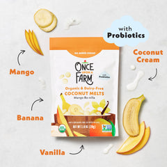 Once Upon a Farm coconut melts with probiotics, toddler-friendly gut-supporting snack.