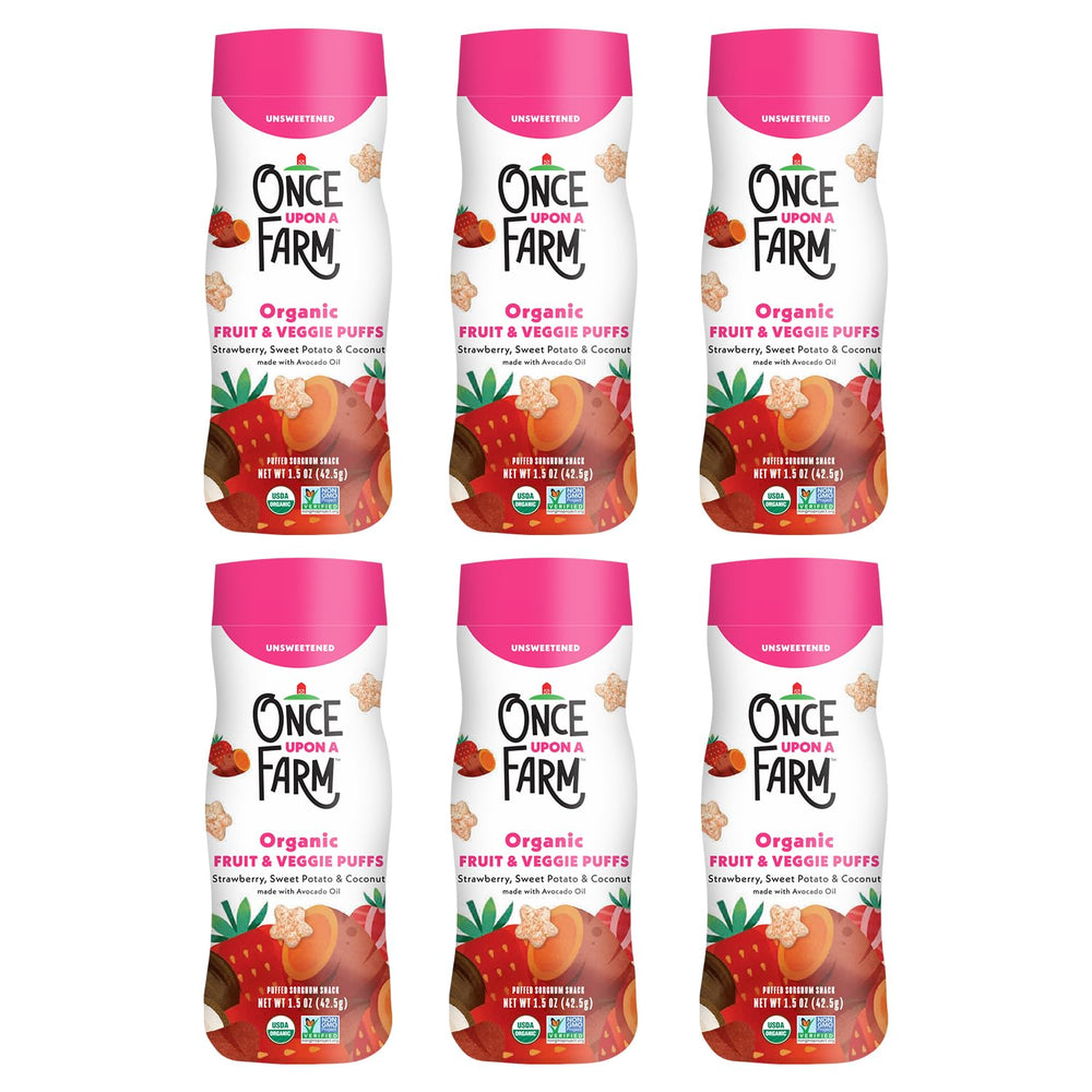 Once Upon a Farm canister of strawberry coconut puff sorghum for pantry grab-and-go.