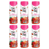 Once Upon a Farm canister of strawberry coconut puff sorghum for pantry grab-and-go.
