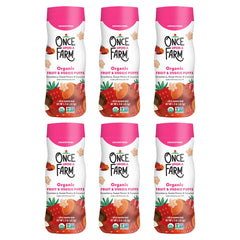 Once Upon a Farm canister of strawberry coconut puff sorghum for pantry grab-and-go.