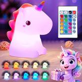 One Fire unicorn night light on nightstand offers cozy bedtime lighting.
