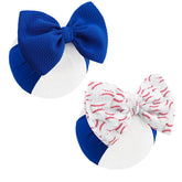 ONENINEDREAM baseball baby bow blue front view on soft headband for everyday wear