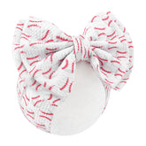ONENINEDREAM baseball baby bow headband white closeup shows soft nylon fit for delicate skin