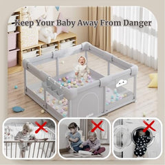 OnePanda playpen gate closed image highlights secure containment during early crawling.