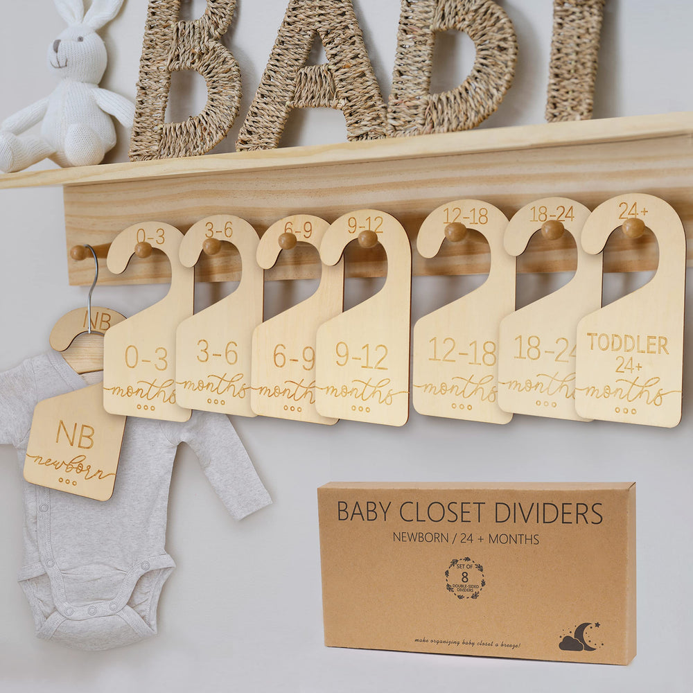 Onyiboer Baby Closet Dividers set shows eight double-sided organizers for easy size sorting.